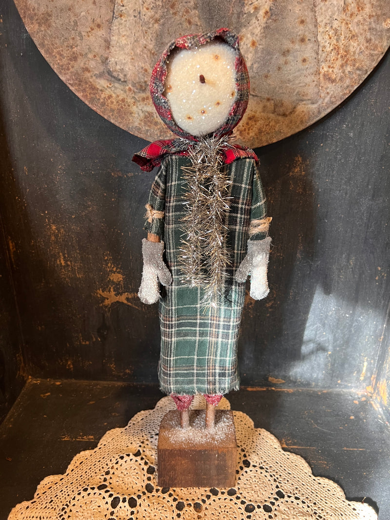 Snowman - Dark Green Plaid Dress & Tinsel Scarf Uniquely Primitive Snowman - Dark Green Plaid Dress & Tinsel Scarf Uniquely Primitive