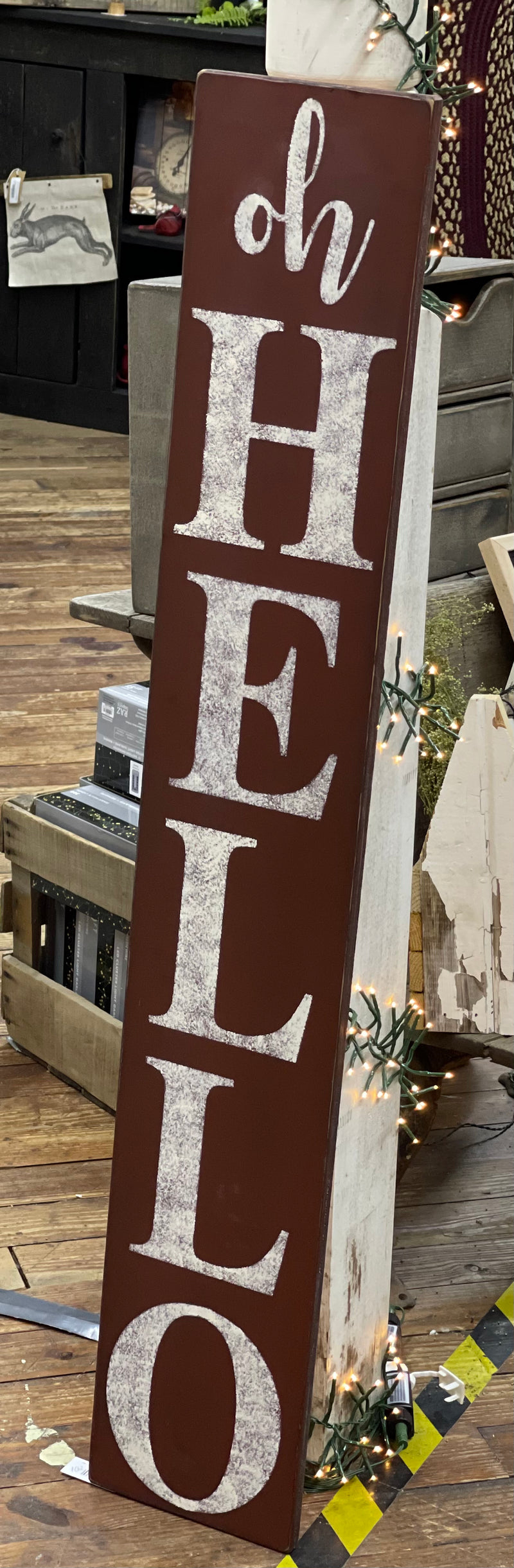Oh Hello Wooden Burgundy Sign