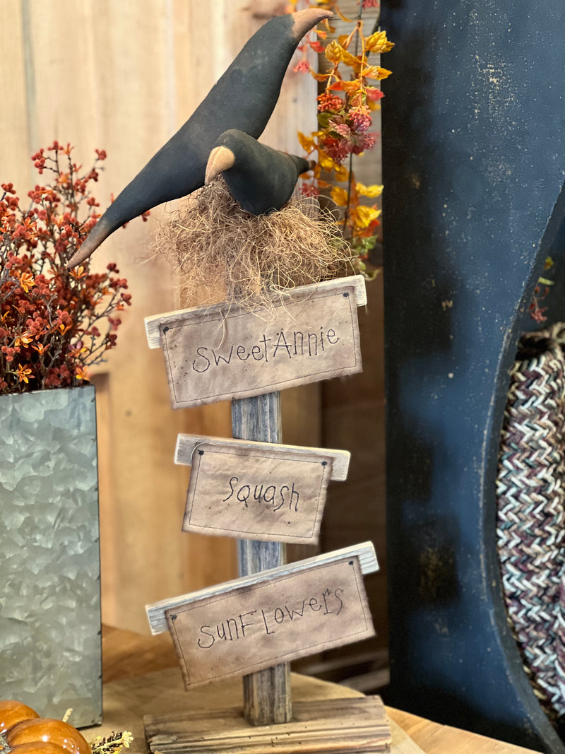 Hanging Primitive Fabric On Wood Stand - 2 Crows