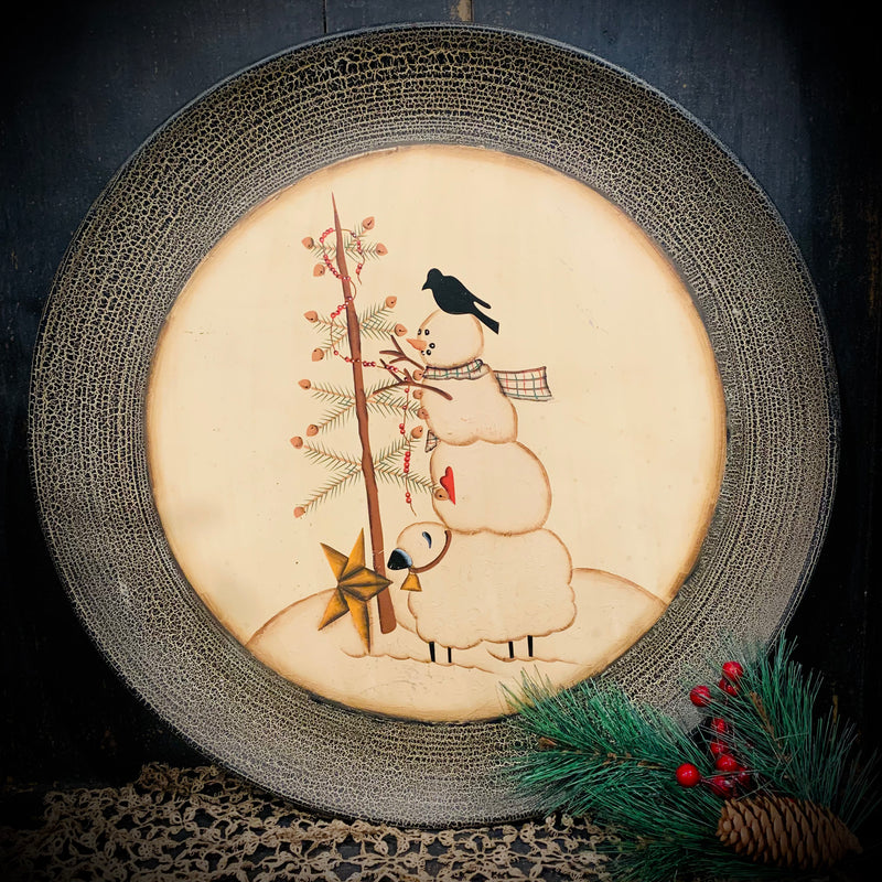 Wooden Plate Crow, Snowman, Sheep 21 3/4"