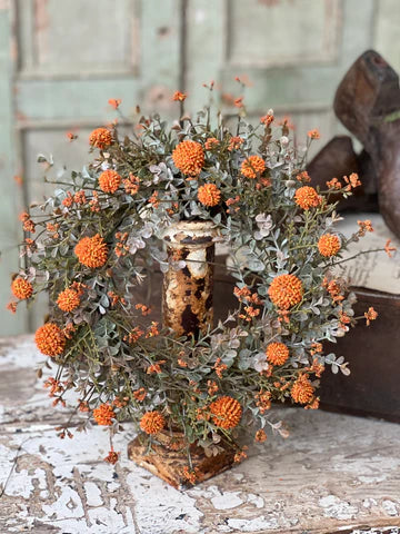 Fall Flower Candle Ring with Faux Orange Flowers that look Dried 