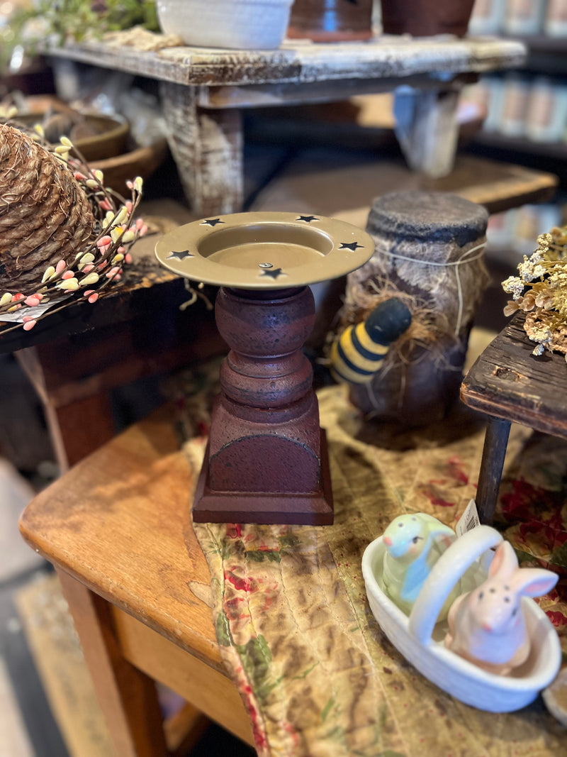 Wooden Burgundy Candle Holder w/ Tin Pan