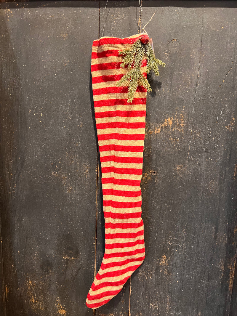Antiqued Stocking with Greens and Bell