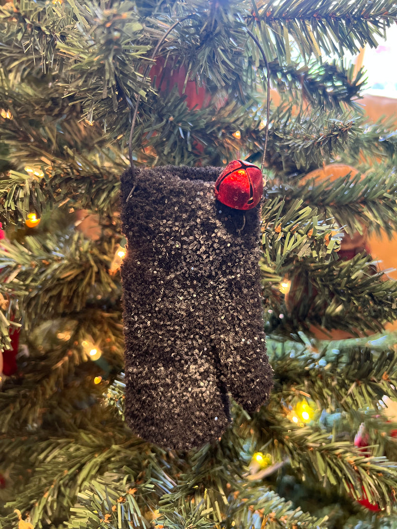 Mitten Ornament with Glitter and Red Bell