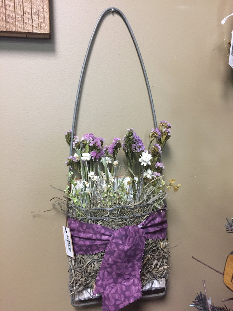 Wood & Wire Hanging Wall Pocket w/ Dried Flowers