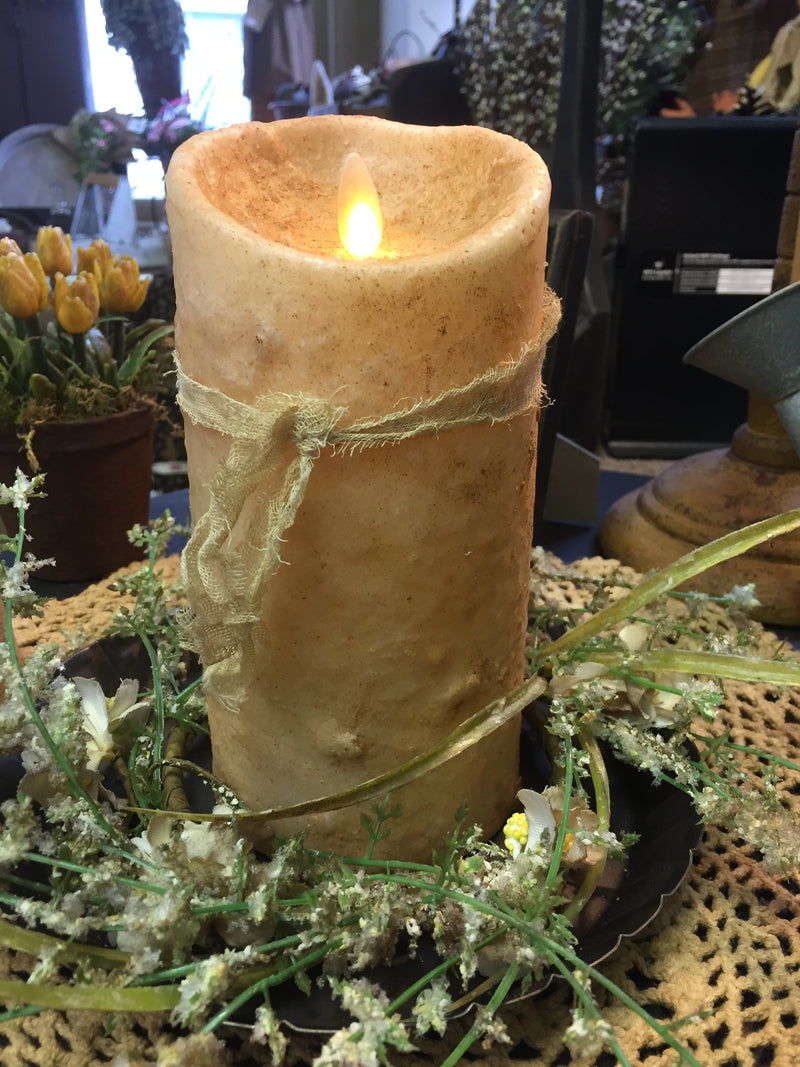 Moving Flame Grungy Dipped Candle W/ Cheesecloth Ribbon Burnt Ivory