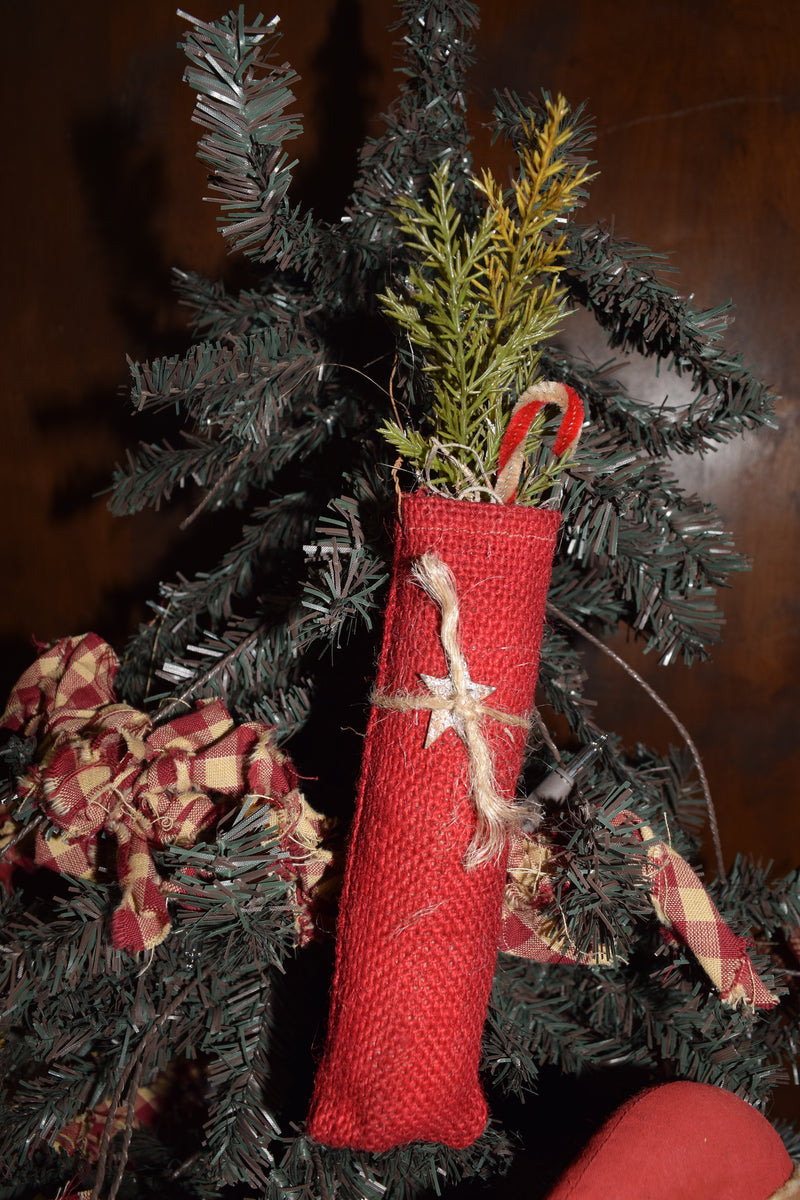 Red Burlap Bag with Greens and Candy Cane Ornament