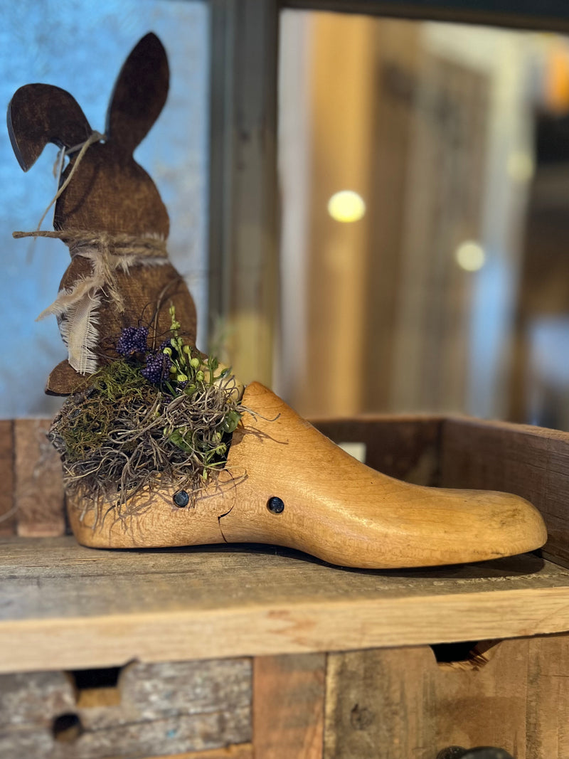 Wood Bunny On Vintage Wooden Shoe Form