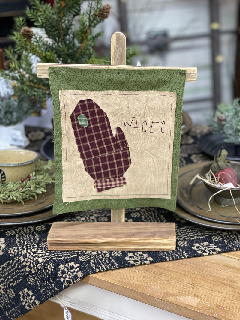 Hanging Primitive Fabric On Wood Stand - Winter Mitten