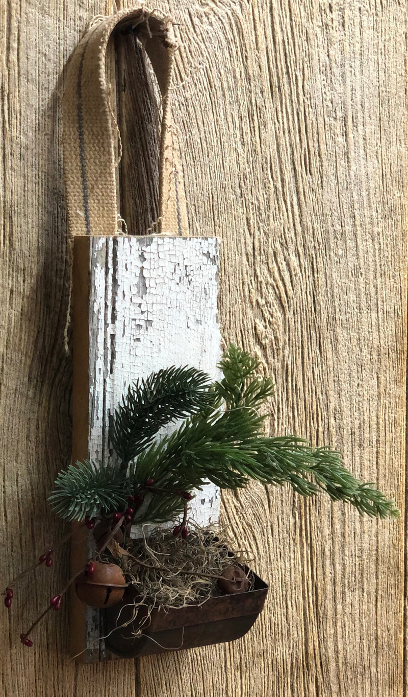 Barn Board Hanger W/ Tin Bin and Christmas Greens