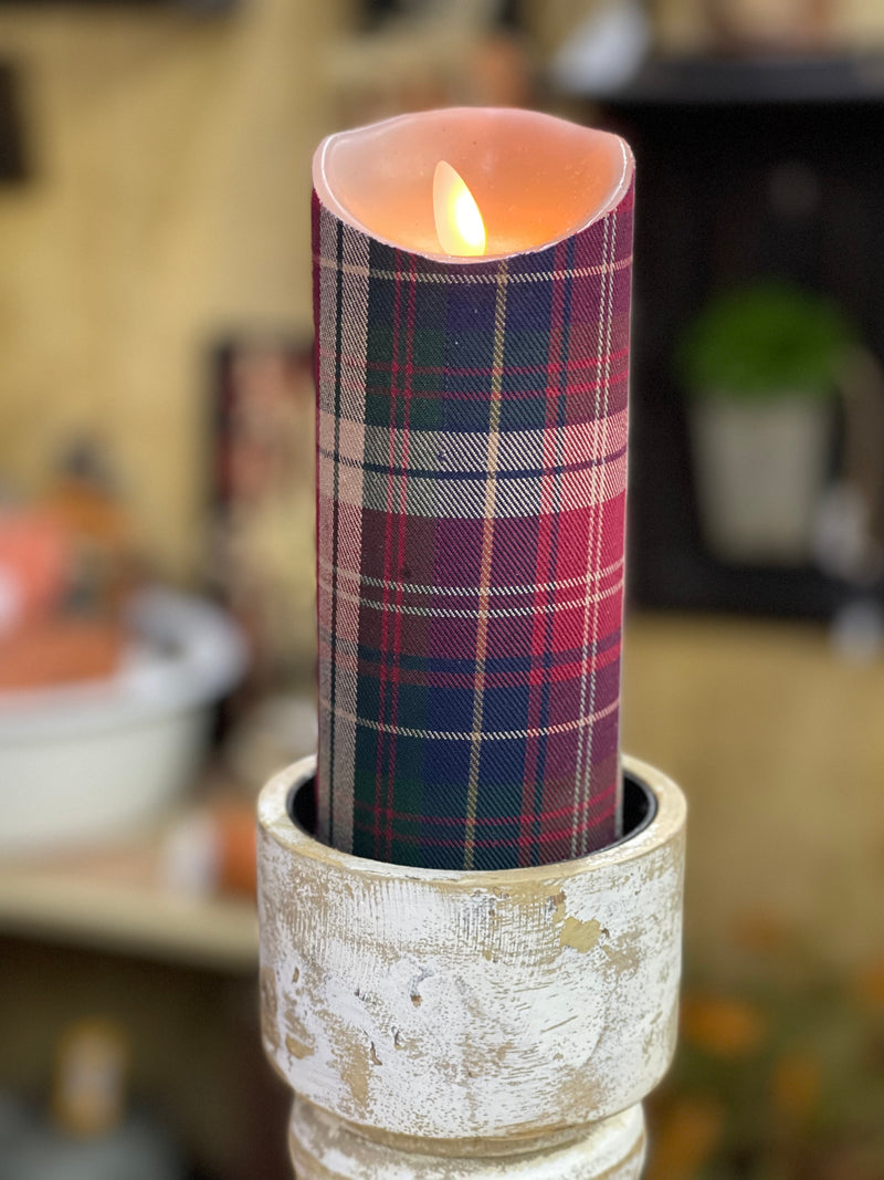 Green and Burgandy Plaid Moving Flame Pillar Candle