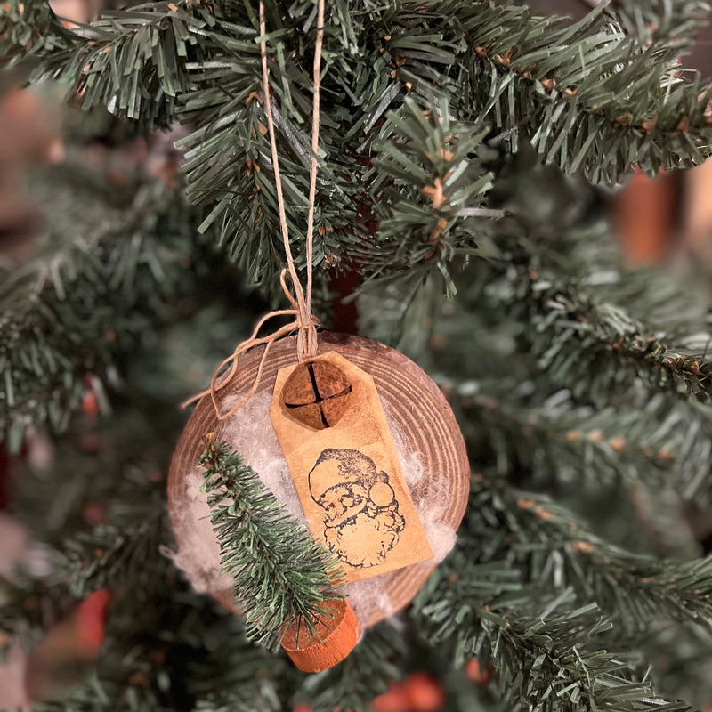 Wood Slice Ornament w/ Tree, Santa Tag & Rusty Bell