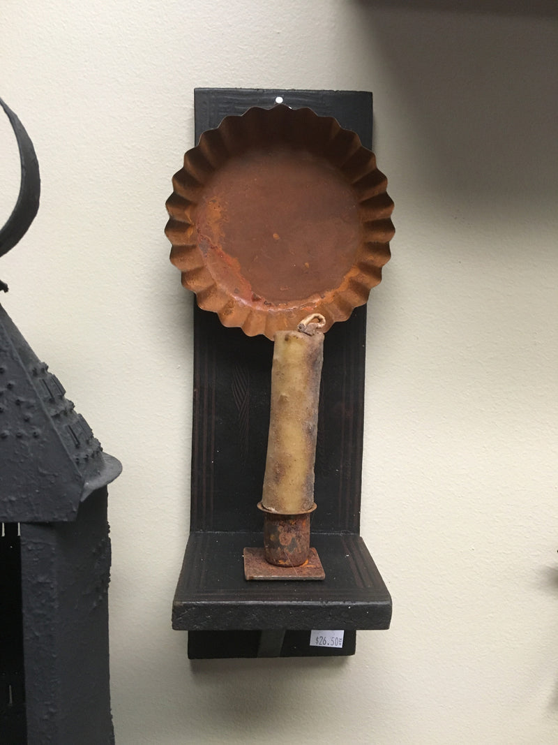 Wooden Sconce w Rusty Pan & Candle