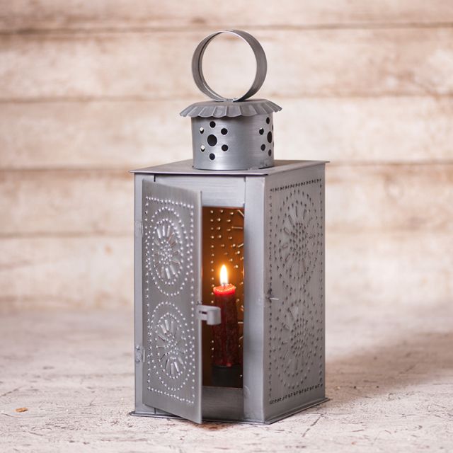 Watchman's Square Candle Lantern in Antique Punched Tin